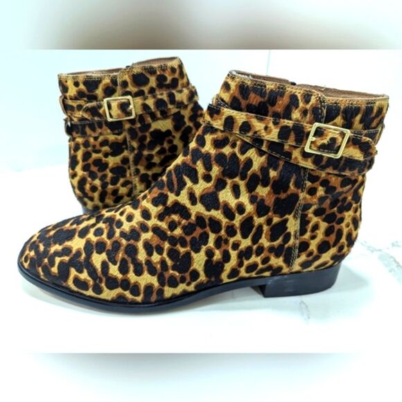 J. Jill Leather Leopard animal side zip buckle Retro Moto Boho Mob Wife Boots 10 - Picture 1 of 12